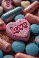 ai généré en forme de coeur bonbons ou pilules orthographe l'amour photo