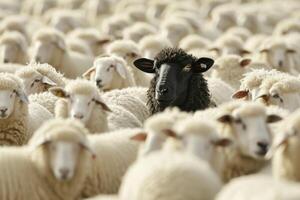 ai généré une Célibataire noir mouton des stands en dehors parmi une troupeau de blanc homologues dans rural pâturage des champs établi avec génératif ai La technologie photo