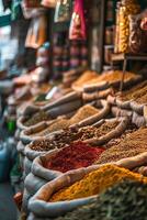 ai généré une coloré tableau de épices à une vibrant marché établi avec génératif ai La technologie photo