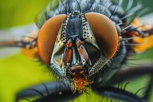 ai généré macro coup de une mouche sur une feuille photo