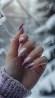 ai généré moyen violet français manucure sur à la perfection longue clous, mettant en valeur magnifique mains avec impeccable les doigts photo