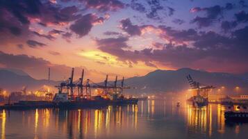 ai généré premier lumière à le port, capturer le industriel charme de un de bonne heure Matin vue à le port. photo