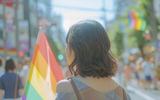 ai généré Jeune Japonais femme, retour tourné, orné avec un lgbt fierté arc en ciel drapeau, au milieu de le rempli de bokeh des rues de une ensoleillé journée fierté parade dans le ville photo