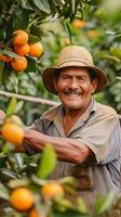 ai généré portrait de une souriant Orange agriculteur travail dans le sien Orange verger, génératif ai, Contexte image photo