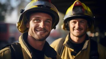 ai généré portrait de deux Masculin sapeurs pompiers sur devoir, génératif ai photo