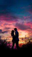 ai généré silhouette de une couple embrassement contre une coloré coucher de soleil, la Saint-Valentin journée vibrations, Contexte image, génératif ai photo