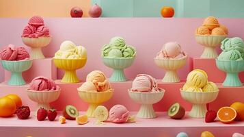 ai généré fruité gelato bonheur, variété de fruité gelato les saveurs arrangé dans une visuellement attirant afficher, génératif ai photo