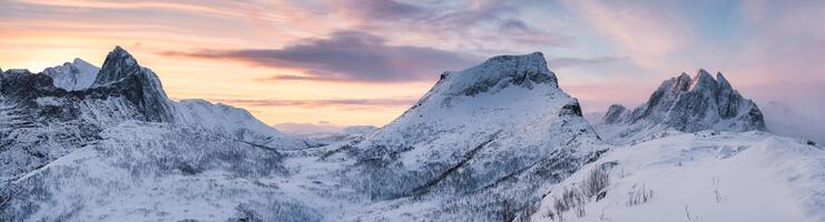 panorama de lever du soleil plus de neigeux Montagne intervalle avec coloré ciel dans hiver sur segla monter à senja île photo