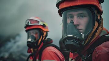 ai généré portrait de deux Masculin sapeurs pompiers sur devoir, génératif ai photo