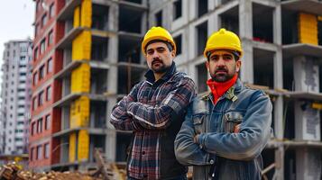 ai généré portrait de deux Masculin construction ouvrier sur une bâtiment projet, génératif ai photo