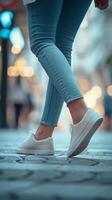 ai généré fermer portrait de une femme pieds en marchant portant décontractée chaussures, génératif ai photo