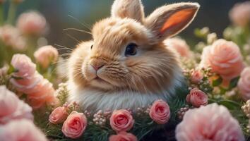 ai généré mignonne duveteux lapin avec fleurs photo