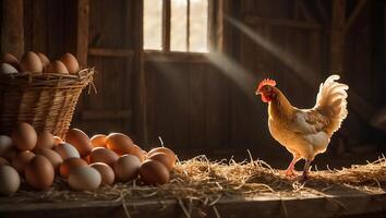 ai généré poulet avec des œufs dans le Grange photo