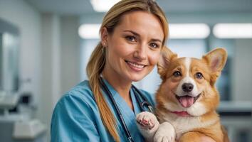 ai généré femme médecin vétérinaire et mignonne chien dans le clinique photo