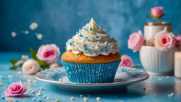 ai généré magnifique petit gâteau avec crème et fleurs photo