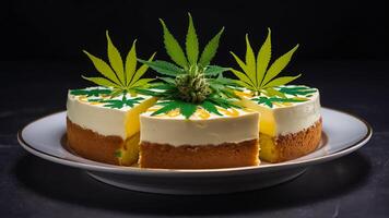 ai généré délicieux gâteau, marijuana feuille photo
