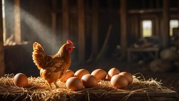 ai généré poulet avec des œufs dans le Grange photo