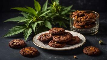 ai généré délicieux Chocolat biscuits, marijuana feuille photo