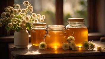 ai généré pots de Miel, fleurs dans le cuisine photo