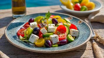 ai généré délicieux grec salade dans une assiette en plein air dans Grèce photo