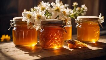 ai généré pots de Miel, fleurs dans le cuisine photo