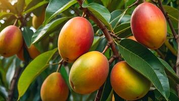 ai généré mûr mangues sur une branche dans le jardin photo