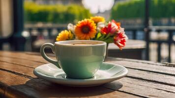 ai généré tasse de café, fleurs contre le Contexte de le Eiffel la tour, Paris photo