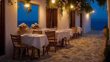 ai généré magnifique été rue café dans le soir dans Grèce photo