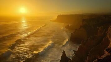 ai généré côtier falaises à coucher de soleil, spectaculaire falaises le long de le littoral avec vagues s'écraser dessous, Contexte image, génératif ai photo