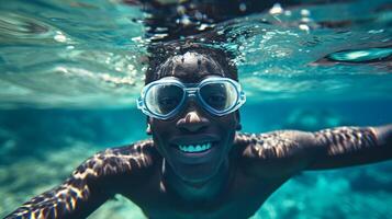 ai généré rivière sous-marin portrait de une souriant Jeune noir Masculin portant nager des lunettes de protection, génératif ai, Contexte image photo