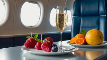 ai généré verre de Champagne, fruit sur le table sur le avion photo