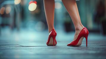 ai généré fermer portrait de une femme pieds en marchant portant rouge haute talon chaussures, génératif ai photo