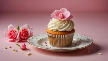 ai généré magnifique petit gâteau avec crème et fleurs photo