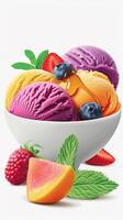 ai généré Frais et fruité, une bol de vibrant sorbet fabriqué avec réel fruit morceaux, génératif ai photo