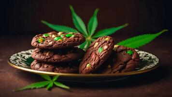 ai généré délicieux Chocolat biscuits, marijuana feuille photo