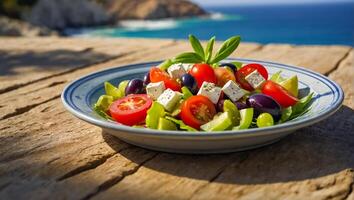 ai généré délicieux grec salade dans une assiette en plein air dans Grèce photo