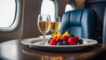 ai généré verre de Champagne, fruit sur le table sur le avion photo