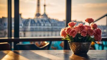 ai généré table dans une café, fleurs contre le toile de fond de le Eiffel la tour photo