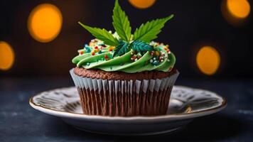 ai généré délicieux petit gâteau, marijuana feuille photo