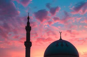 ai généré mosquée silhouette contre vibrant le coucher du soleil ciel, mosquées image photo