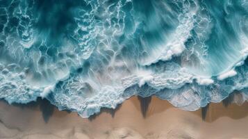 ai généré fermer de clair comme de l'eau de roche mer vagues, lumière dansant par le l'eau création motifs sur le le sable dessous, le Couleur palette est dominé par lumière turquoise, photo