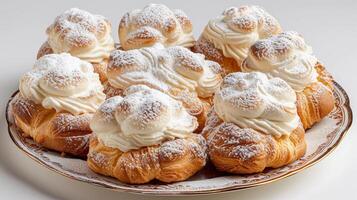 ai généré crème des bouffées, assiette de crème bouffées saupoudré avec en poudre sucre, Contexte image, génératif ai photo