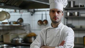 ai généré portrait de une chef sur devoir dans une restaurant cuisine, génératif ai photo