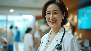 ai généré une âge moyen asiatique femelle médecin sourit contre le Contexte de une occupé hôpital atmosphère, génératif ai photo