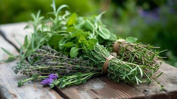 ai généré herbe paquet composition, médicinal herbes lié avec ficelle ou ruban, Contexte image, génératif ai photo