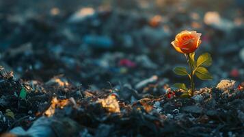 ai généré Rose fleur plante grandit sur Haut de des ordures illuminé par Naturel lumière comme symbole de espérer photo