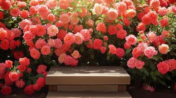 ai généré en bois podium parmi des roses usine, Naturel beauté podium toile de fond pour produit afficher. photo