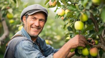 ai généré portrait de une souriant Pomme agriculteur travail dans le sien Pomme verger, génératif ai, Contexte image photo