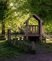 en bois structure avec faire glisser dans le Palmerston parc terrain de jeux avec vert feuilles et arbre branches au-dessus de, vert herbe dans le Contexte photo