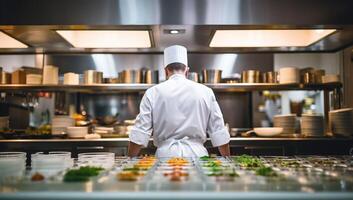 ai généré professionnel chef en train de préparer repas dans restaurant cuisine photo